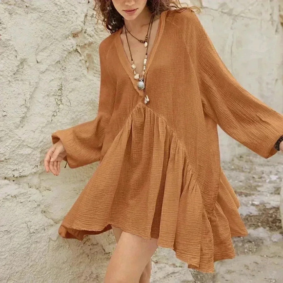 Khaki Boho Women's Lantern Sleeve Back Tie-Up Dress Clothing - Picture 6 of 8